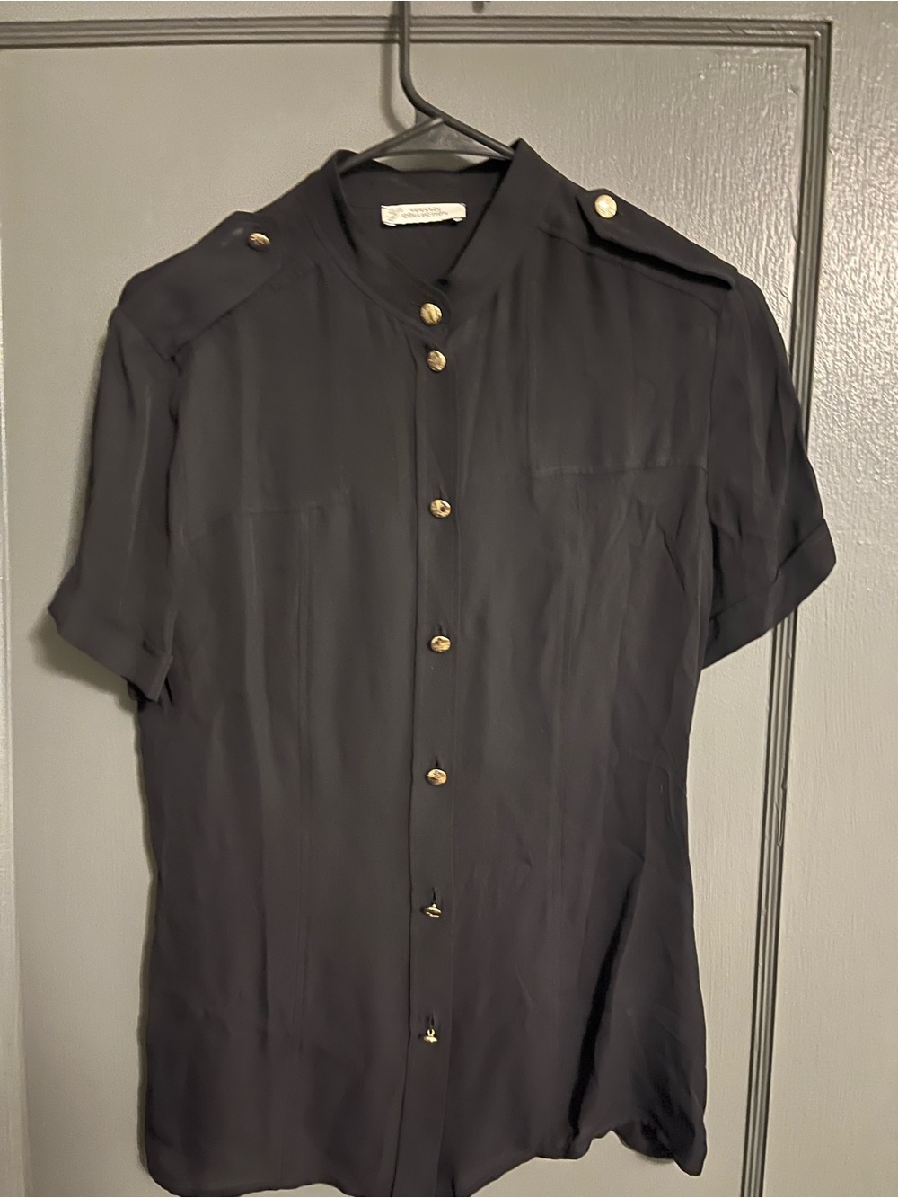Versace Collection Black Short-Sleeve Silk Button-Up Blouse with Gold Buttons